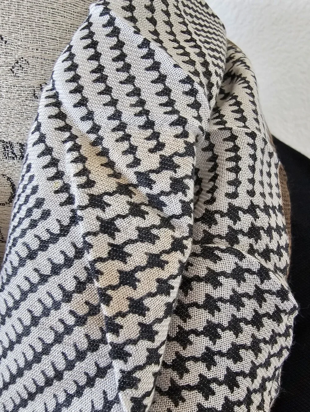 Vintage Italian Rayon Square Scarf Robinson's Houndstooth Glen Plaid Tan Black